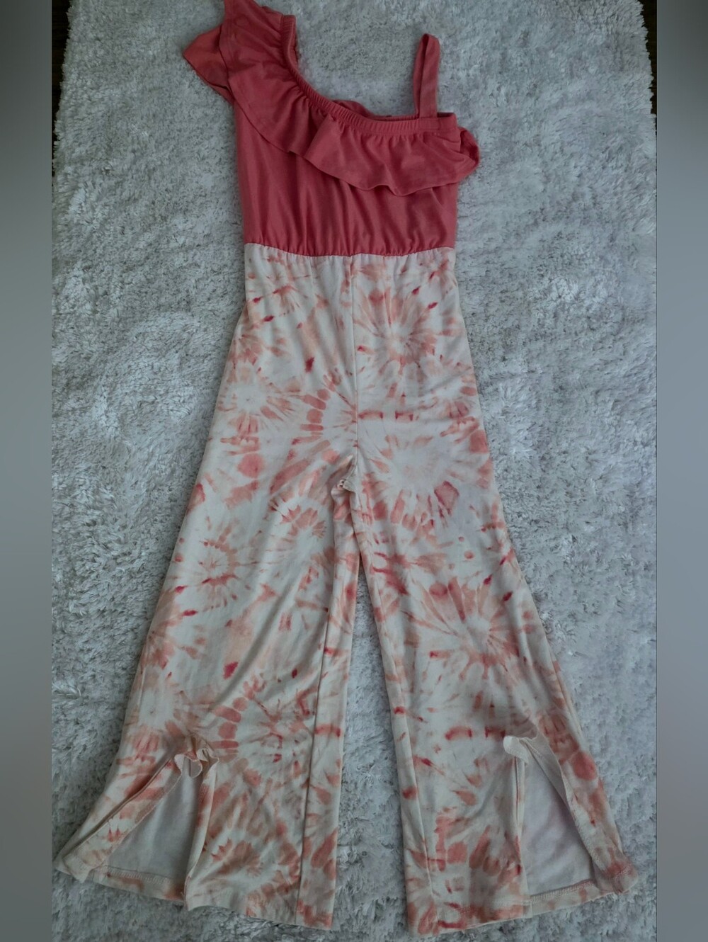 Girls Coral Pink Tie-Dye One-Piece Jumpsuit with Ruffle Top